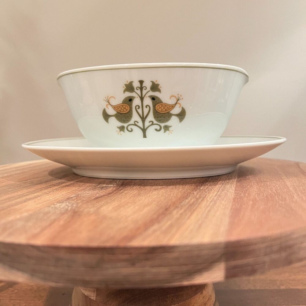 Noritake China Hermitage gravy boat attached plate, vtg green birds, MCM,